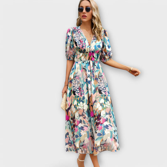 Abstract Maxi Dress with Balloon Sleeves
