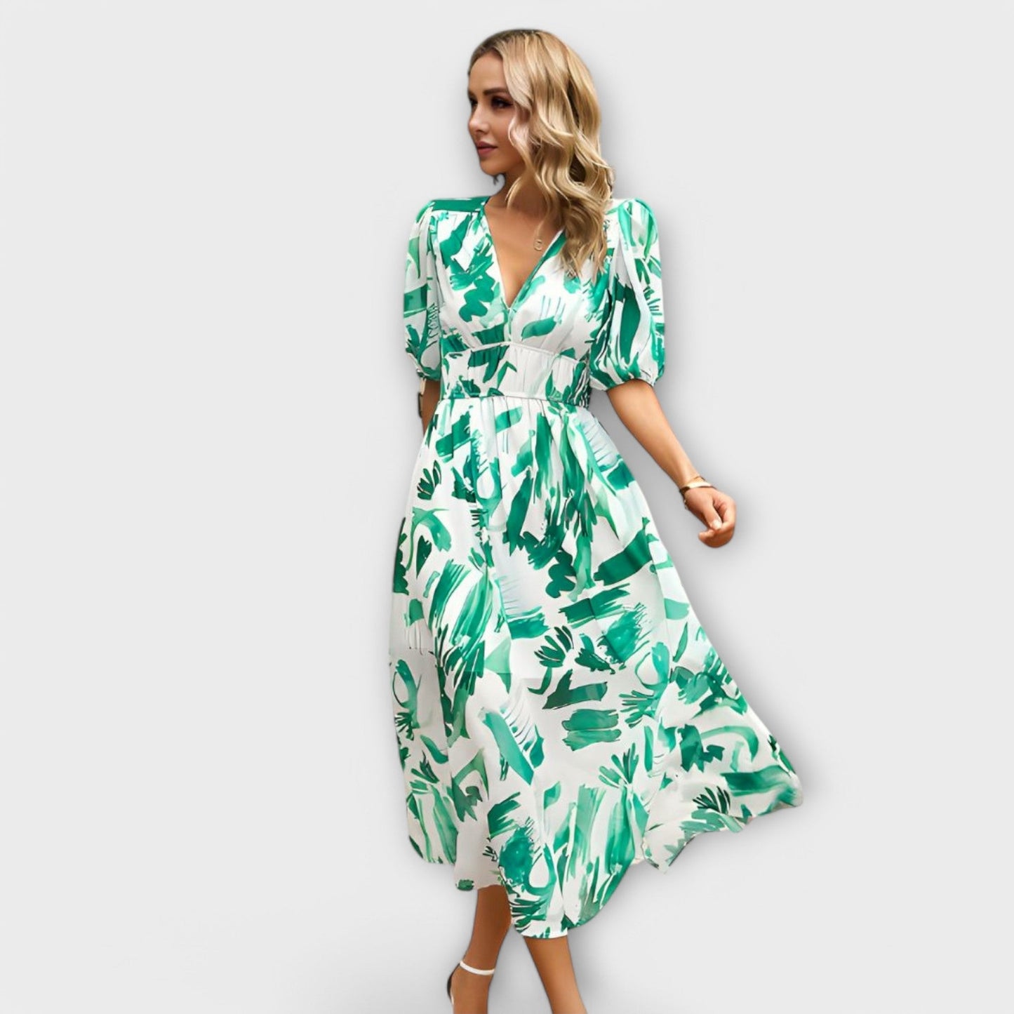 Abstract Maxi Dress with Balloon Sleeves