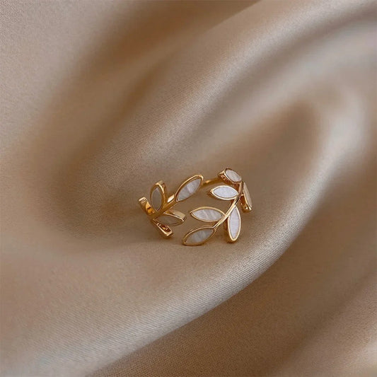 Adjustable Gold Ring Featuring a White Opal Leaf