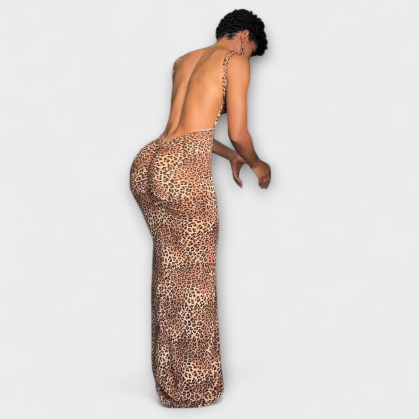 Della - Leopard Print Maxi Dress with Back Cut-Out