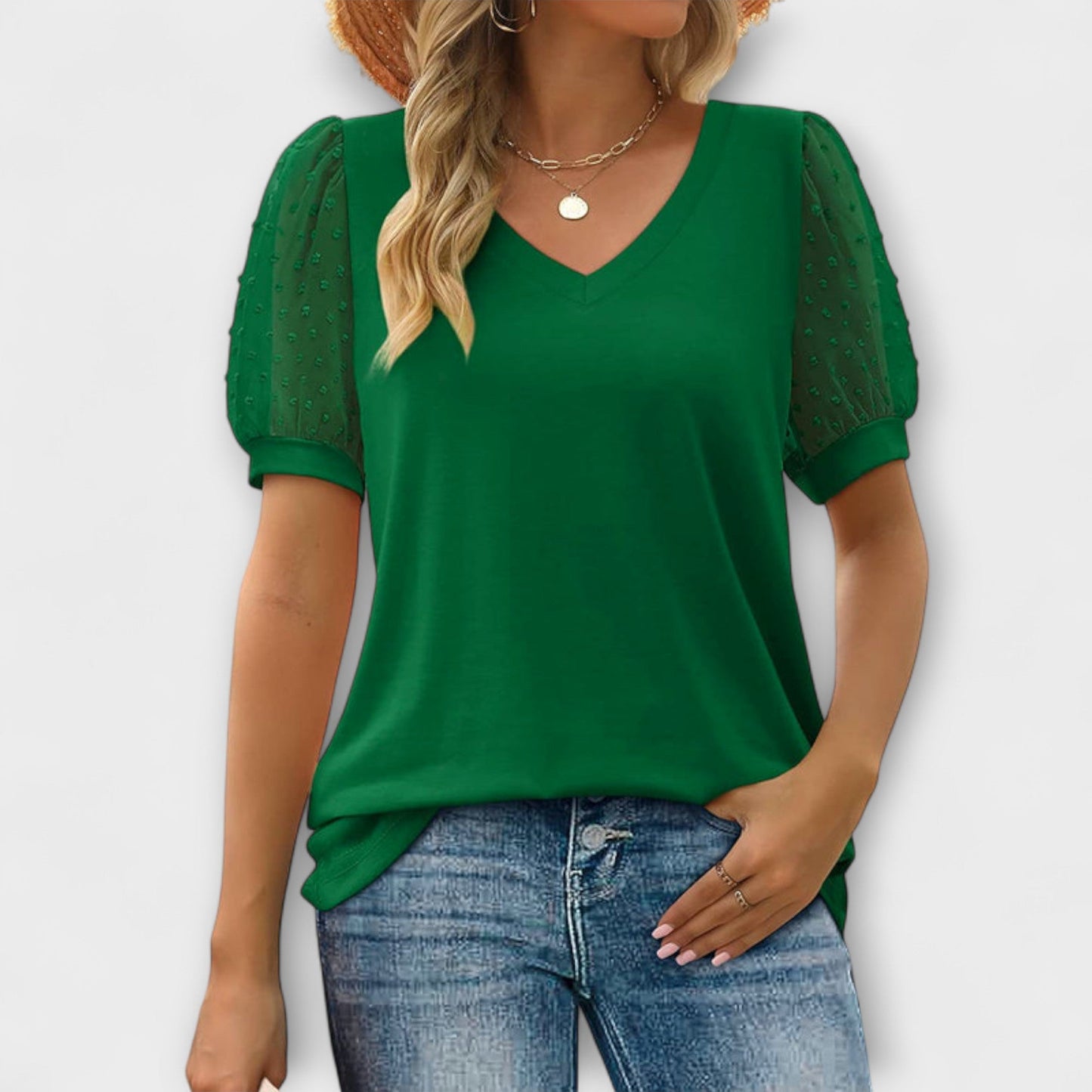Rema - V-Neck Top with Sheer Sleeves