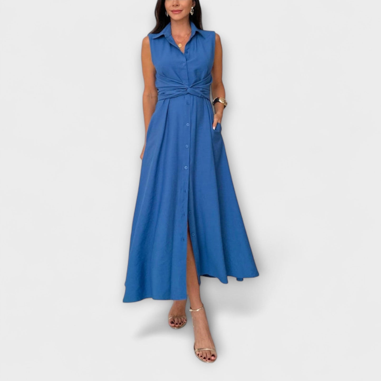 Mira - Striking Single-Breasted Midi Dress with Tie Detail