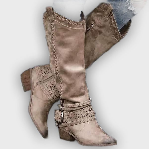 Aisling – Women’s Tall Boots with Embroidered Shaft & Buckle Strap – Suede-Like Finish