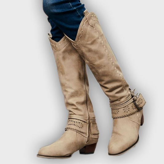 Aisling – Women’s Tall Boots with Embroidered Shaft & Buckle Strap – Suede-Like Finish