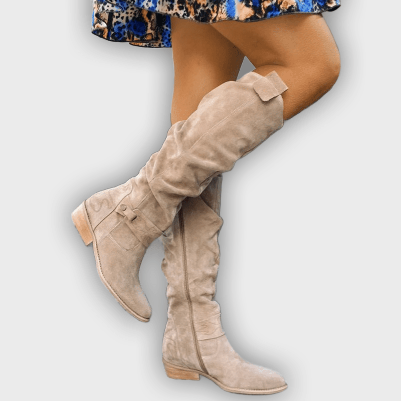 Amaya – Women’s Knee-High Suede-Look Boots with Buckle Detail & Side Zip