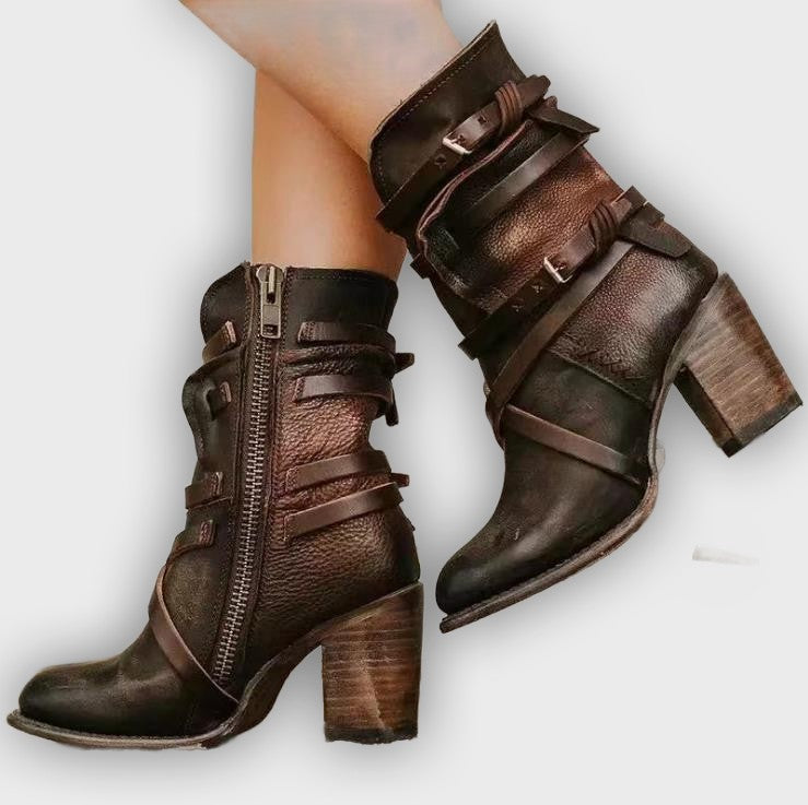Brienna – Women’s Distressed Leather Ankle Boots with Buckles & Chunky Heel