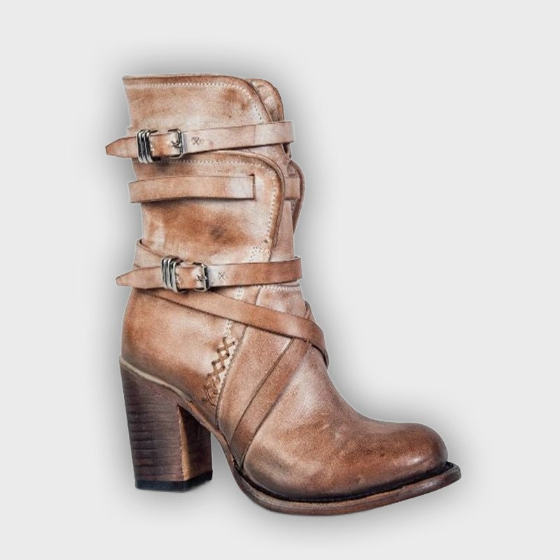 Brienna – Women’s Distressed Leather Ankle Boots with Buckles & Chunky Heel