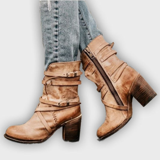 Brienna – Women’s Distressed Leather Ankle Boots with Buckles & Chunky Heel