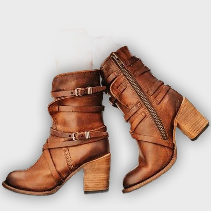 Brienna – Women’s Distressed Leather Ankle Boots with Buckles & Chunky Heel