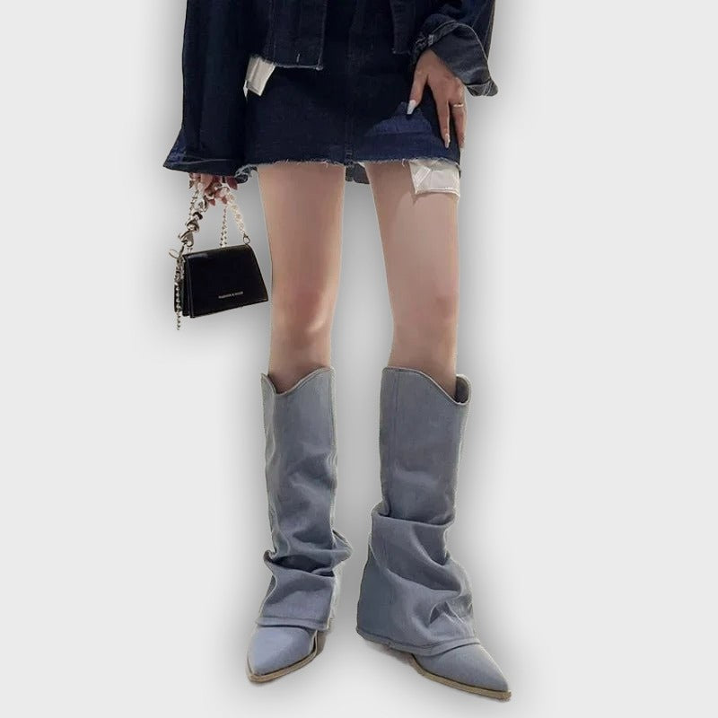 Dakota – Women’s Knee-High Denim Cowboy Boots with Western Stitching