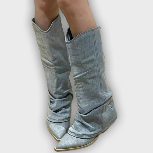 Dakota – Women’s Knee-High Denim Cowboy Boots with Western Stitching