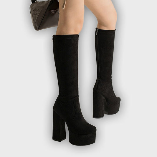 Danika – Women’s Suede-Look Knee-High Boots with Chunky Heel & Zip Back