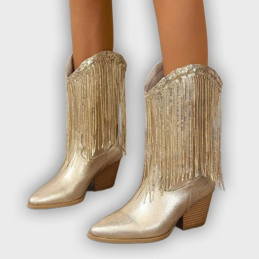 Delilah – Women’s Mid-Calf Boots with Fringe, Sequins & Chunky Heel