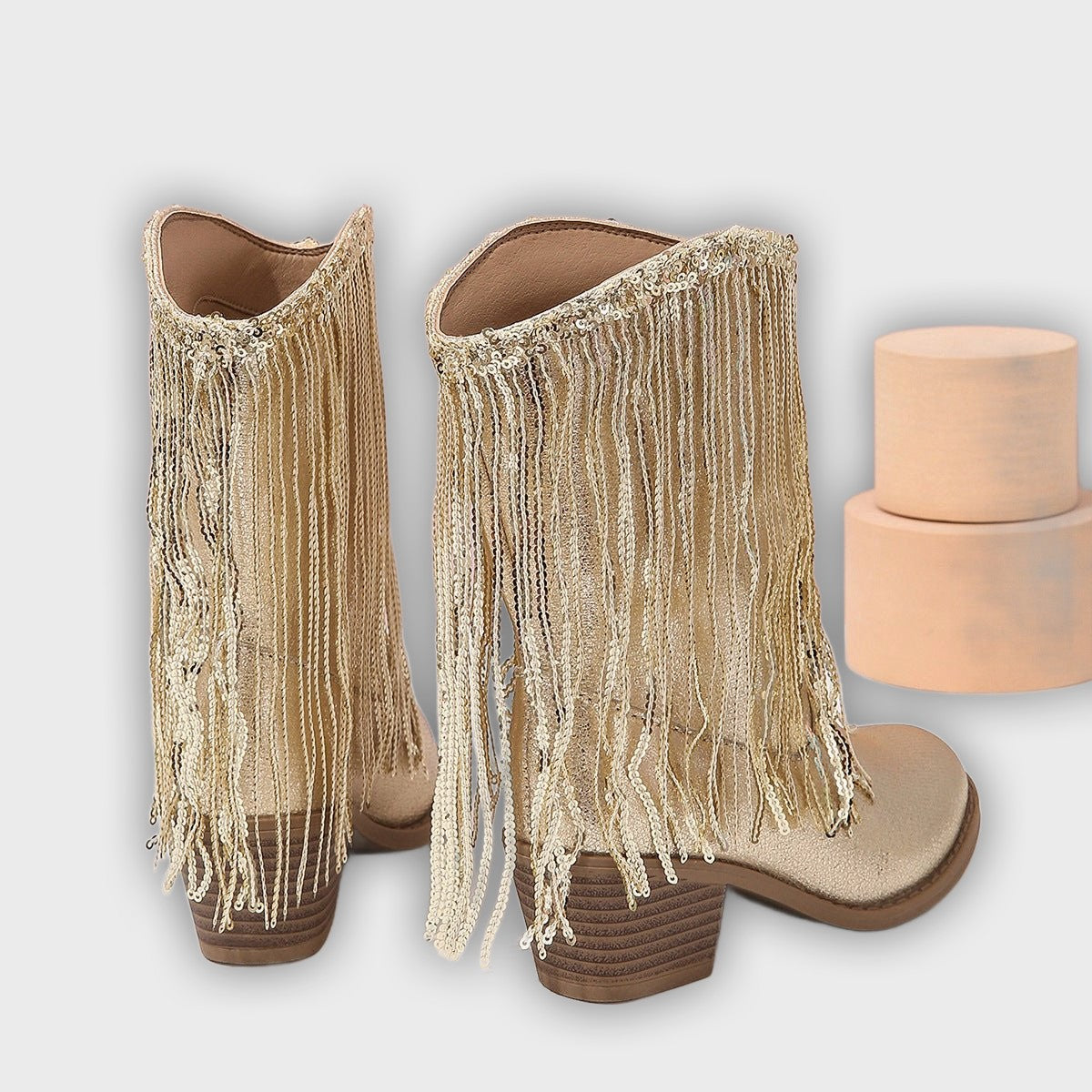 Delilah – Women’s Mid-Calf Boots with Fringe, Sequins & Chunky Heel