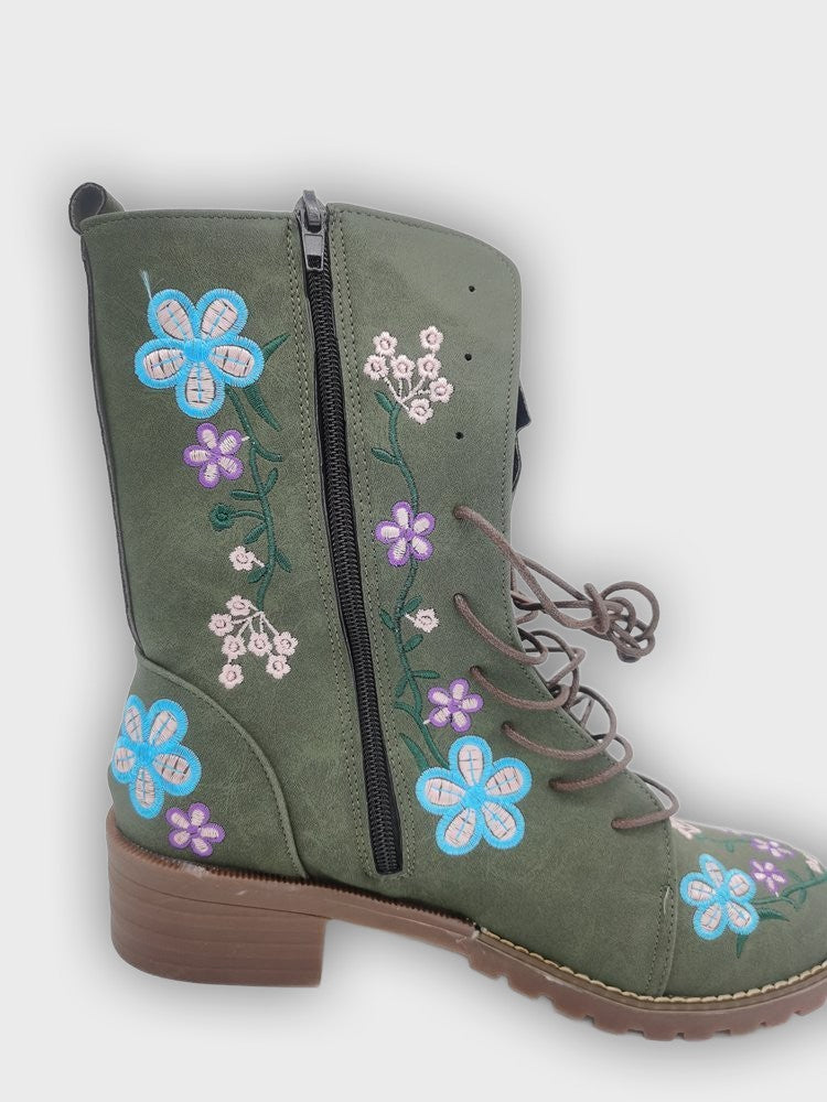 Elanora – Women’s Mid-Calf PU Leather Boots with Floral Embroidery & Zip