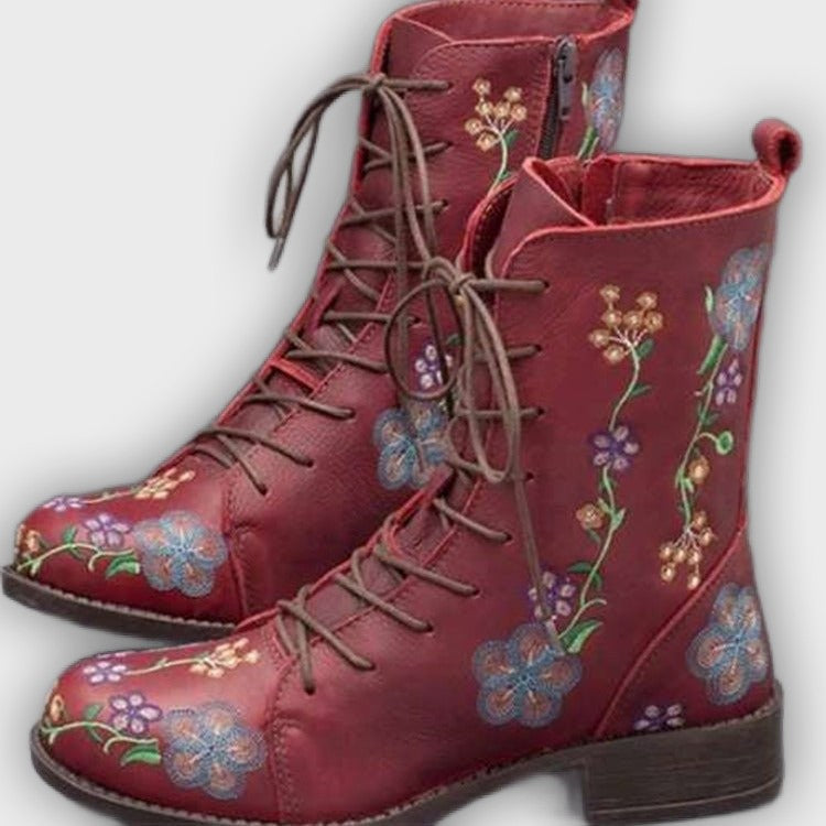 Elanora – Women’s Mid-Calf PU Leather Boots with Floral Embroidery & Zip
