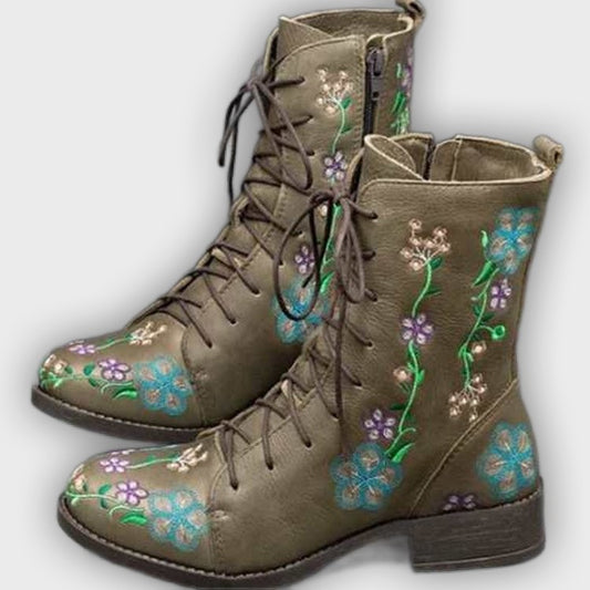 Elanora – Women’s Mid-Calf PU Leather Boots with Floral Embroidery & Zip