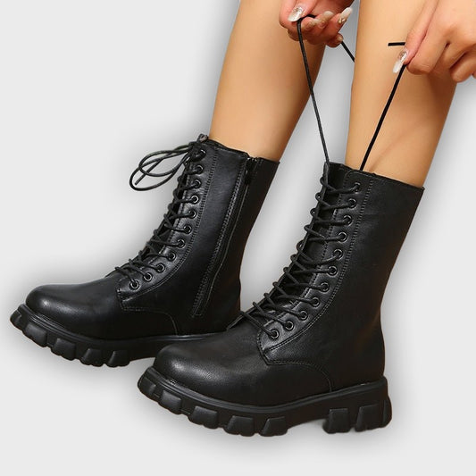 Elara – Women’s Mid-Calf Faux Leather Boots with Chunky Sole & Zip