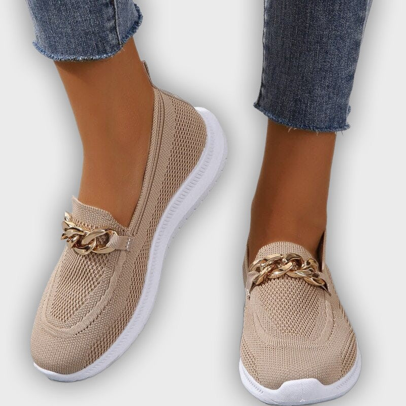 Elin – Women’s Slip-On Knit Loafers with Gold Chain Accent