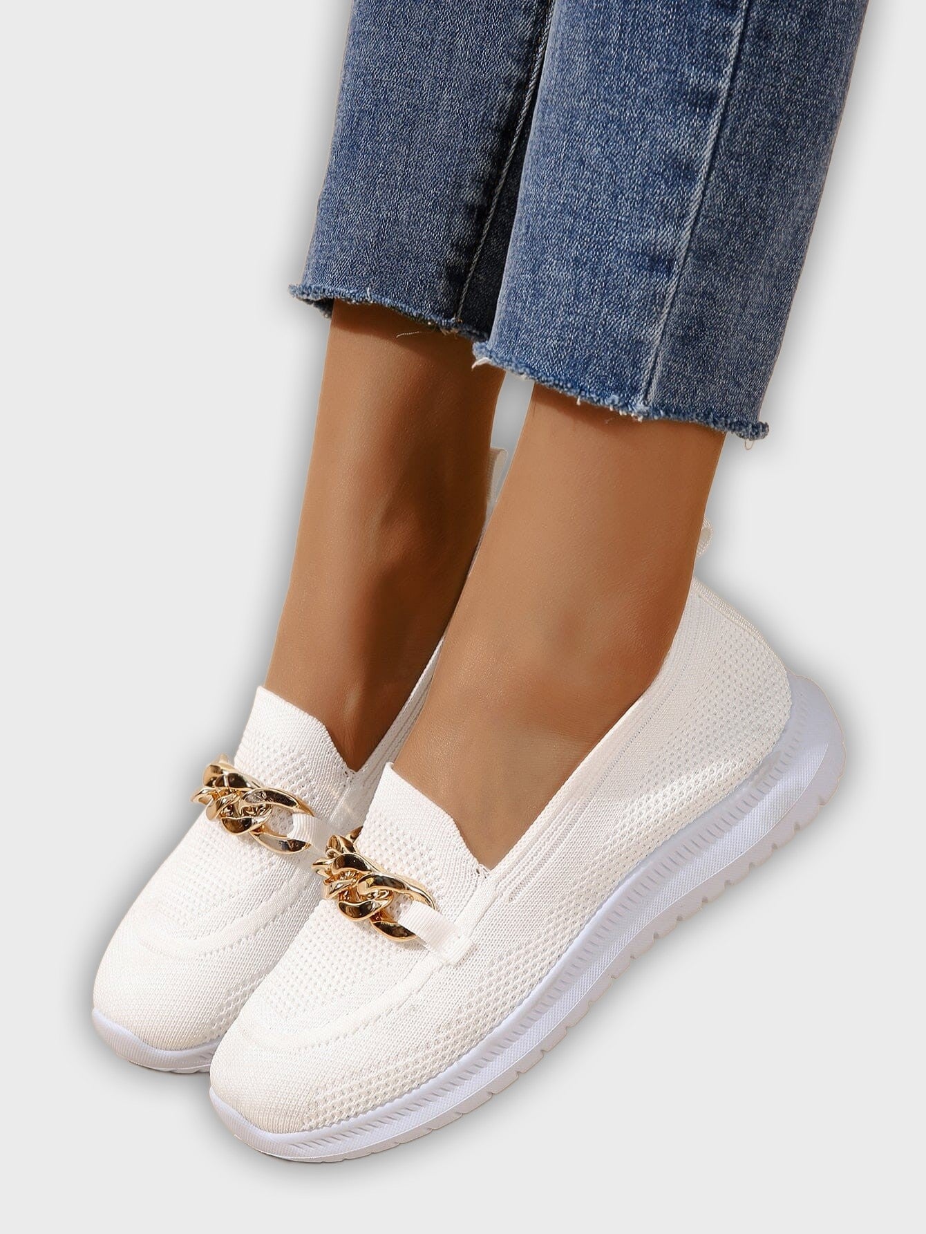 Elin – Women’s Slip-On Knit Loafers with Gold Chain Accent