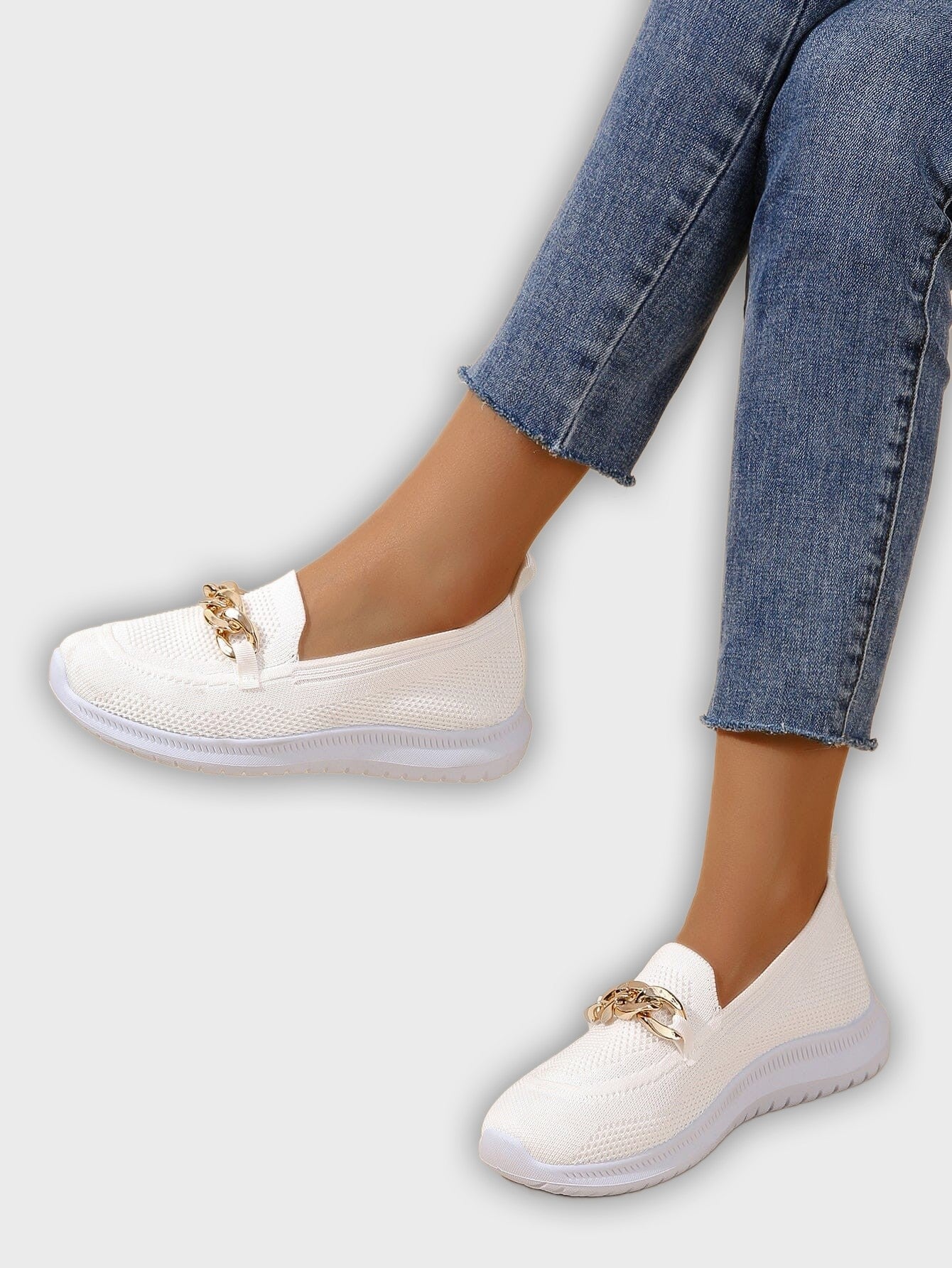 Elin – Women’s Slip-On Knit Loafers with Gold Chain Accent