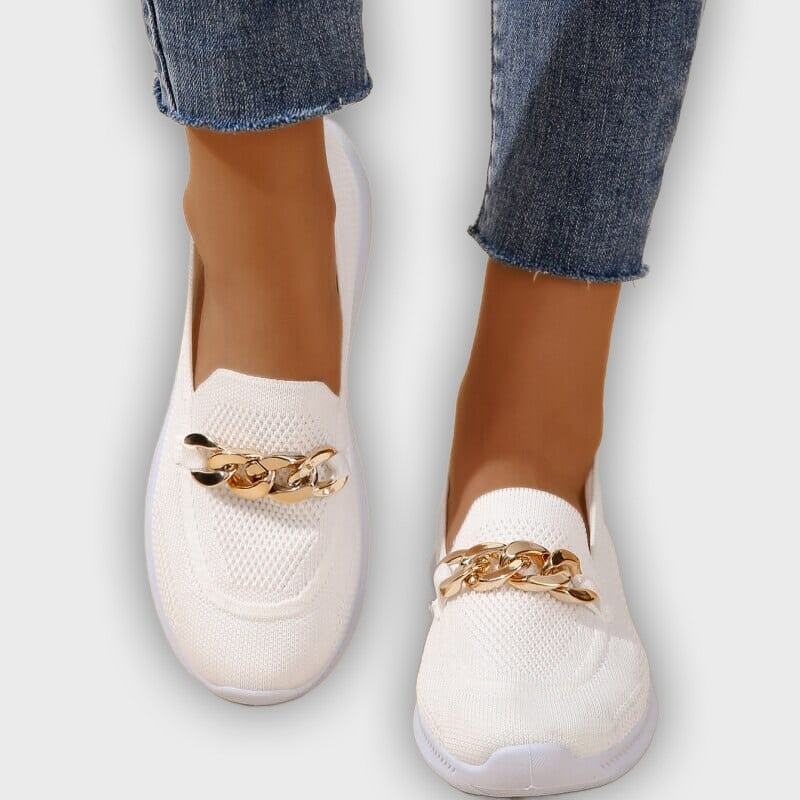 Elin – Women’s Slip-On Knit Loafers with Gold Chain Accent