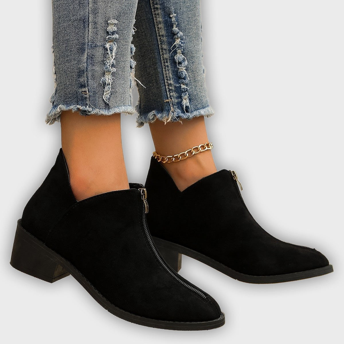 Elira – Women’s Suede Ankle Boots with Pointed Toe, Block Heel & Zip