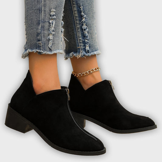 Elira – Women’s Suede Ankle Boots with Pointed Toe, Block Heel & Zip