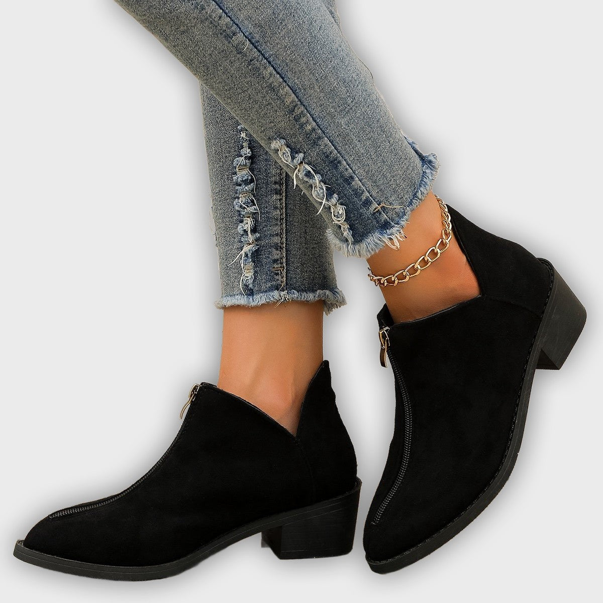 Elira – Women’s Suede Ankle Boots with Pointed Toe, Block Heel & Zip