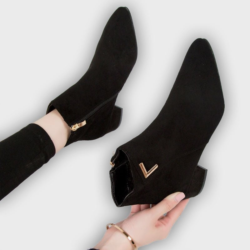 Elise – Women’s Sleek Leather Ankle Boots with Pointed Toe & Block Heel