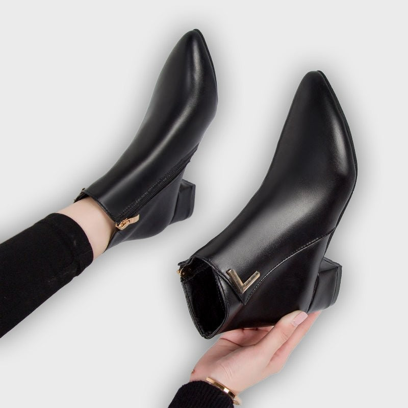 Elise – Women’s Sleek Leather Ankle Boots with Pointed Toe & Block Heel