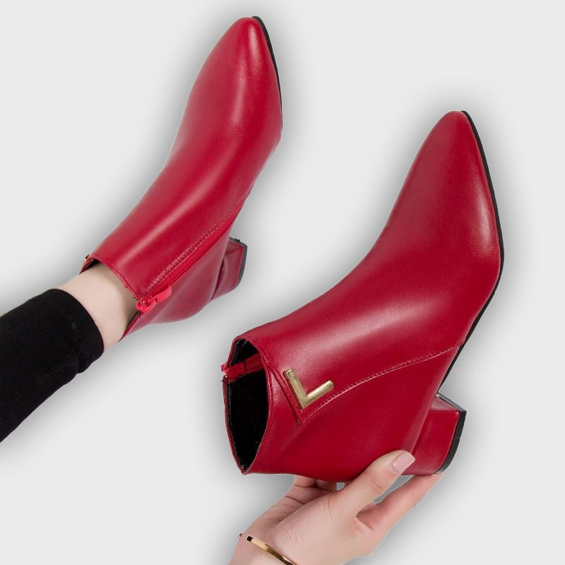 Elise – Women’s Sleek Leather Ankle Boots with Pointed Toe & Block Heel