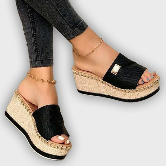 Ella Women’s Wedge Sandals – Slip-On – Fabric Upper – Woven Heel