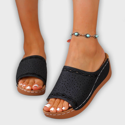 Grace Women’s Wedge Sandals – Slip-On – Perforated Strap – Scalloped Detail