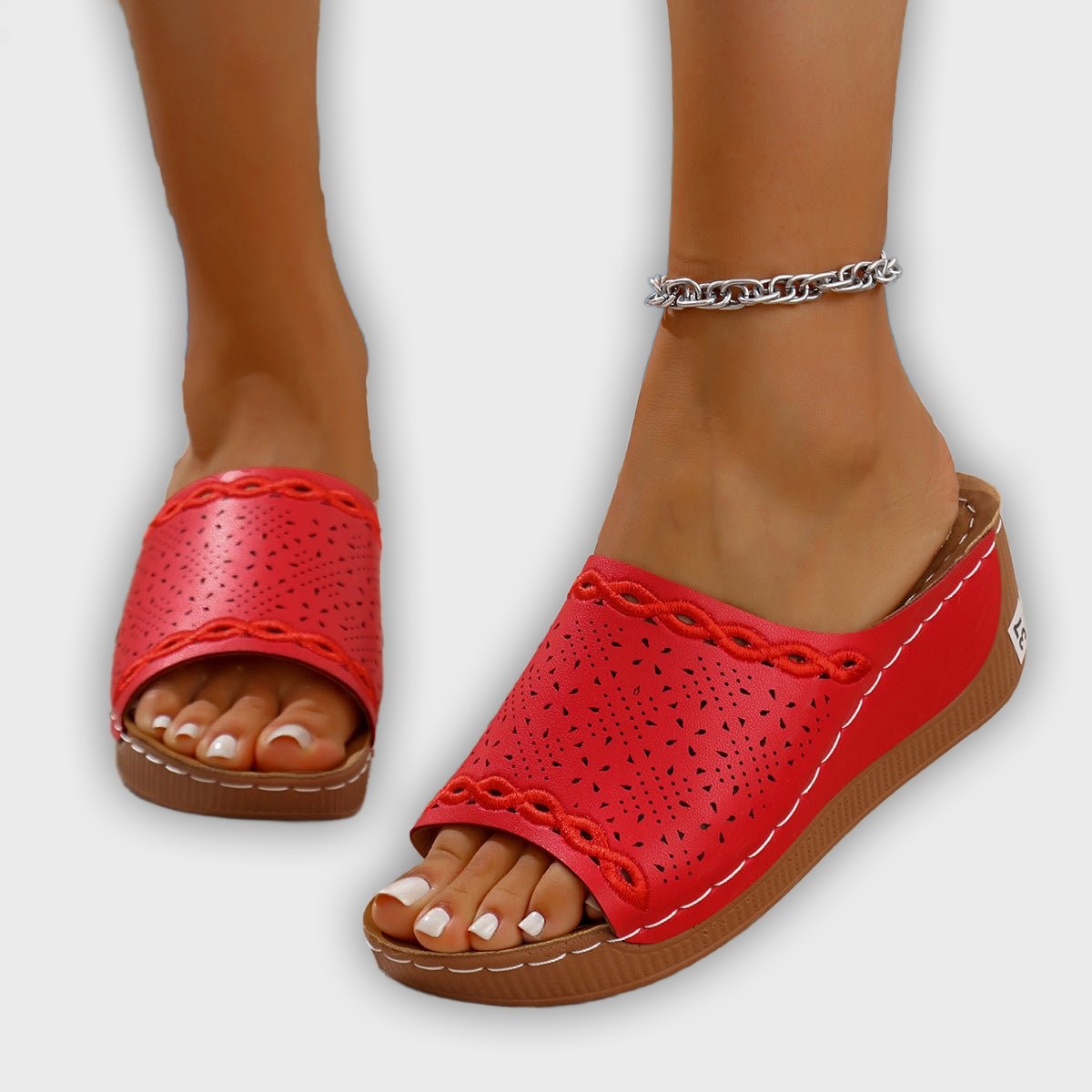 Grace Women’s Wedge Sandals – Slip-On – Perforated Strap – Scalloped Detail