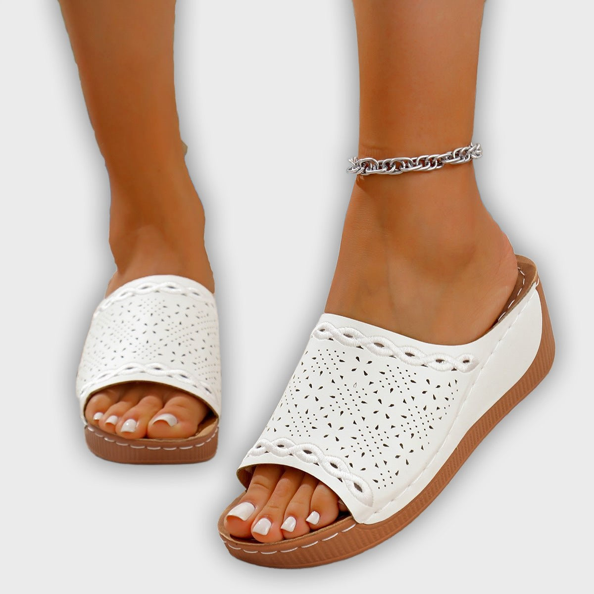 Grace Women’s Wedge Sandals – Slip-On – Perforated Strap – Scalloped Detail
