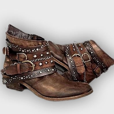 Kaida – Women’s PU Leather Ankle Boots with Studded Straps & Chain Detail