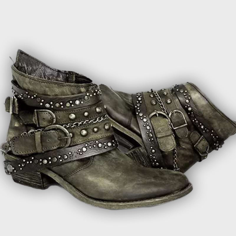 Kaida – Women’s PU Leather Ankle Boots with Studded Straps & Chain Detail