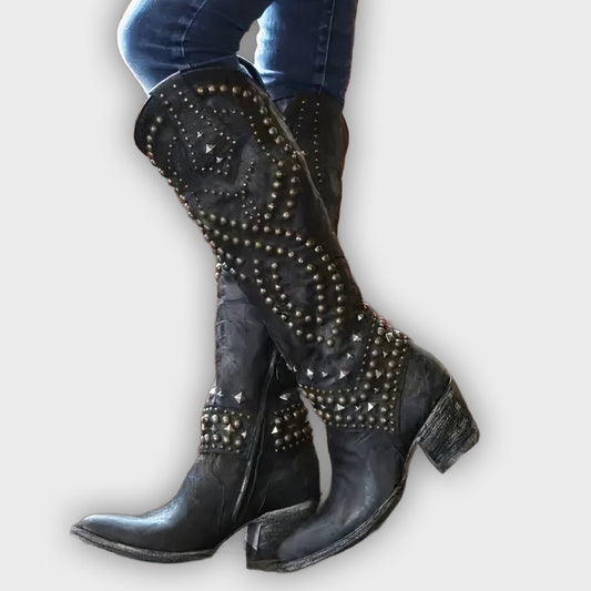 Keziah – Women’s Knee-High Boots with Rivets, Thick Heel & Distressed Look