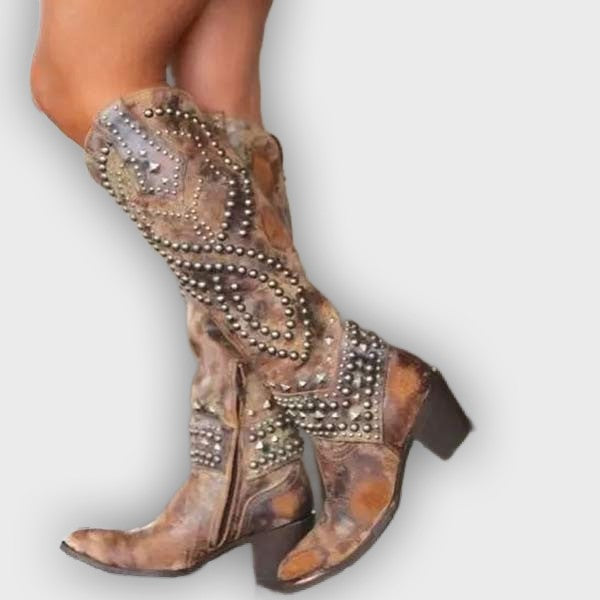 Keziah – Women’s Knee-High Boots with Rivets, Thick Heel & Distressed Look