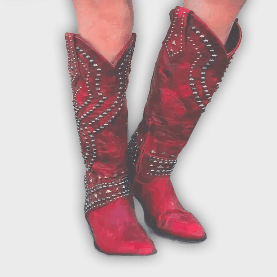 Keziah – Women’s Knee-High Boots with Rivets, Thick Heel & Distressed Look
