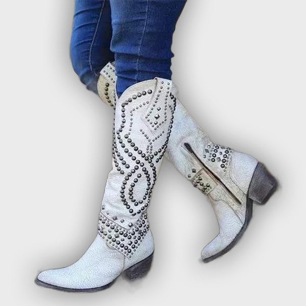 Keziah – Women’s Knee-High Boots with Rivets, Thick Heel & Distressed Look