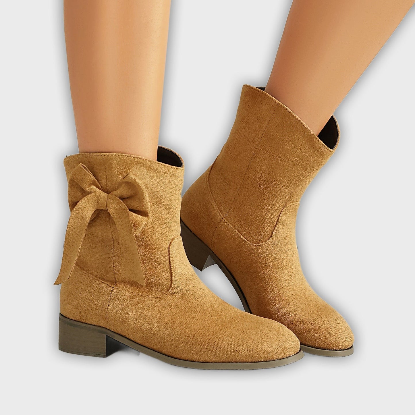 Kirsty – Women’s Short Suede-Inspired Boots with Decorative Bow – Low Heel
