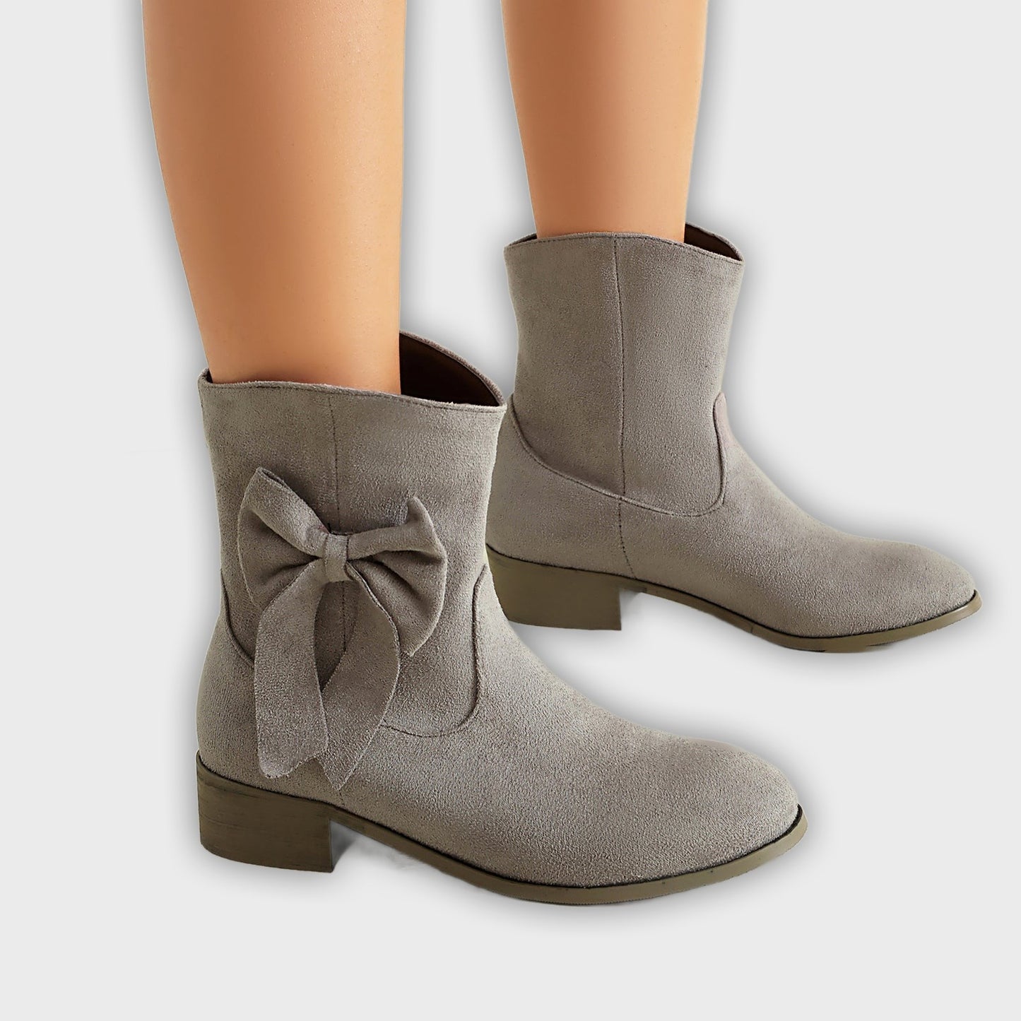 Kirsty – Women’s Short Suede-Inspired Boots with Decorative Bow – Low Heel