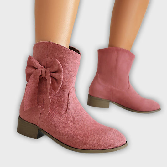 Kirsty – Women’s Short Suede-Inspired Boots with Decorative Bow – Low Heel
