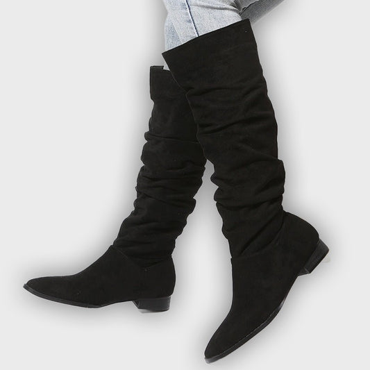 Leona – Women’s Knee-High Faux Suede Boots with Pointed Toe & Flat Sole