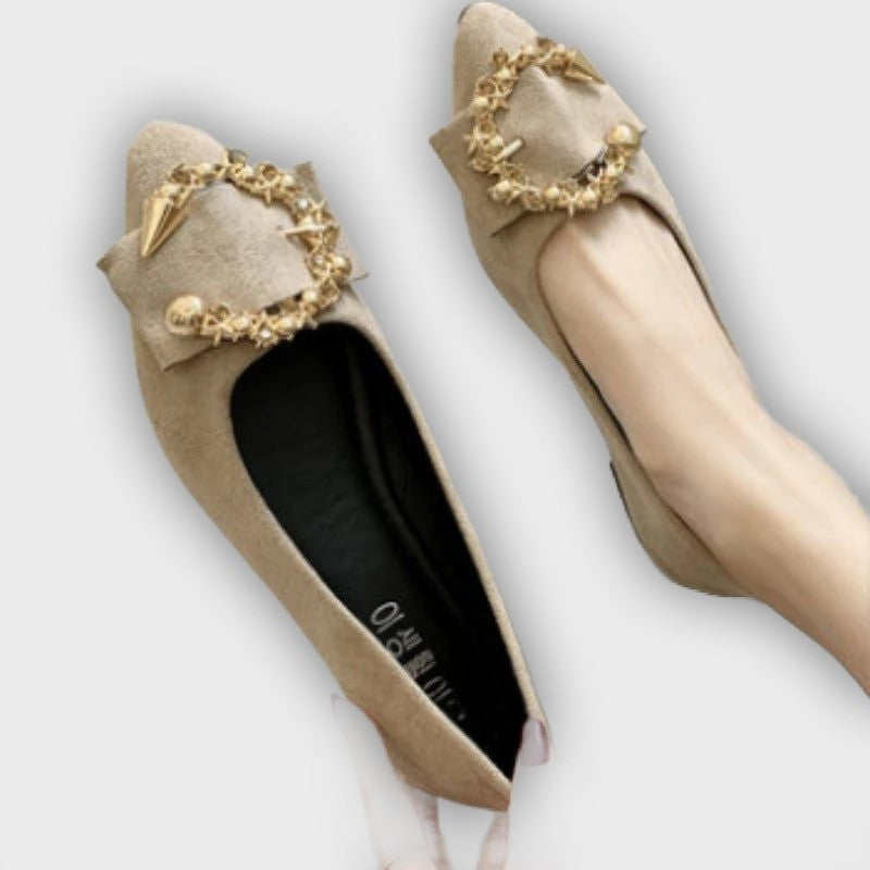 Léonie Women’s Pointed Flats – Embellished Buckle – Slip-On – Soft Fit