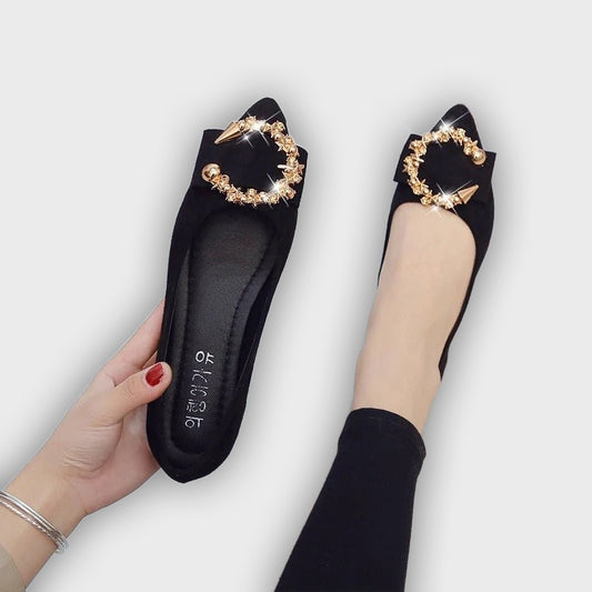 Léonie Women’s Pointed Flats – Embellished Buckle – Slip-On – Soft Fit