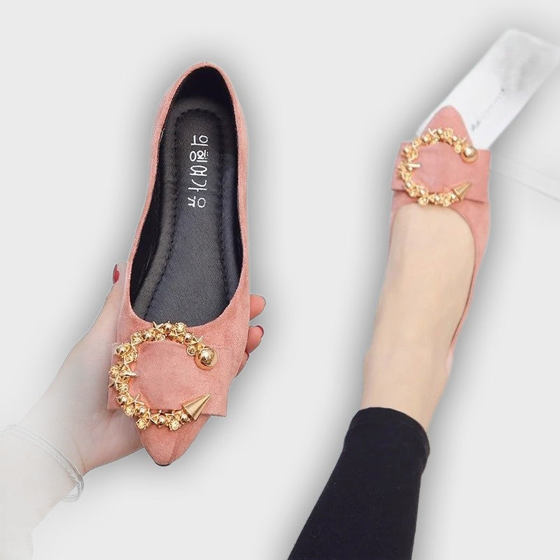 Léonie Women’s Pointed Flats – Embellished Buckle – Slip-On – Soft Fit
