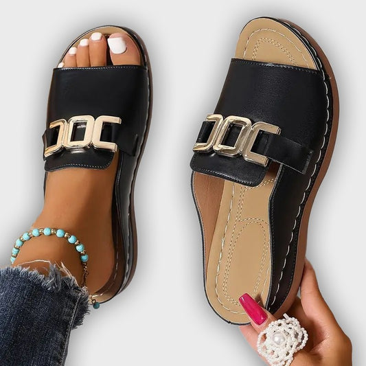 Lina Women’s Wedge Sandals – Open Toe – Metallic Buckle – Cushioned Insole